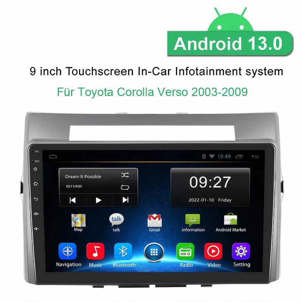 

9 inch Wireless Carplay car radio GPS For Toyota Corolla Verso 03-09 Android 13 Auto navigation central integrated car radio