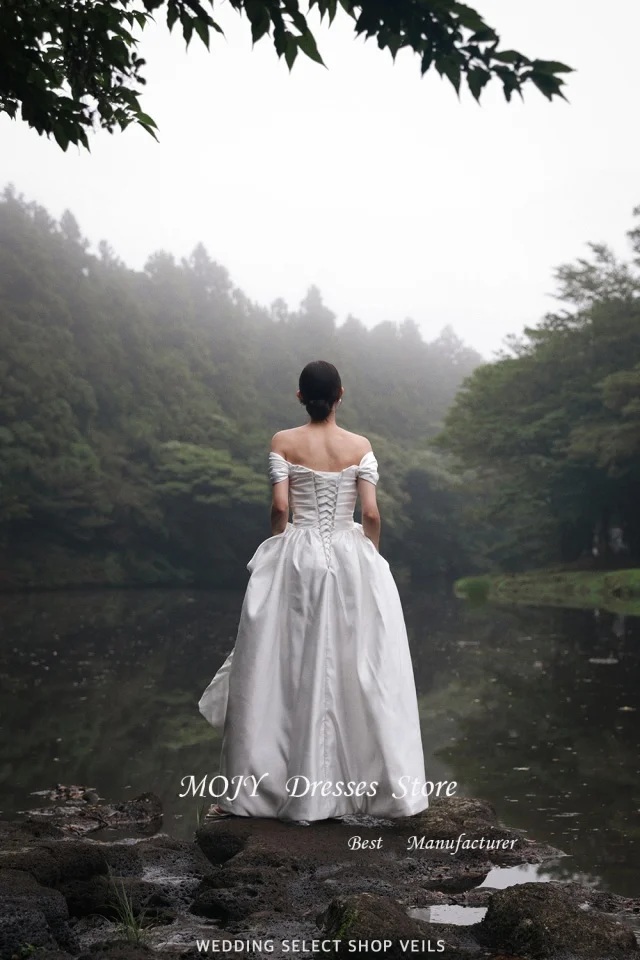 Mojy Elegant Off Shoulder Satin Korea Wedding Dresses A Line Floor Length Bridal Gowns Corset Back Vestido de noiva Plus Size