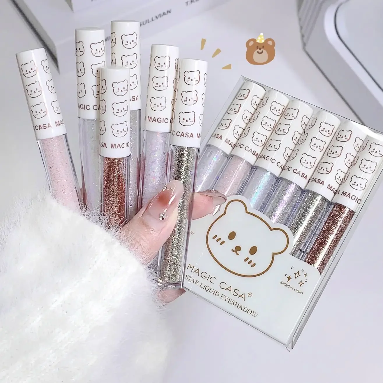 Hot MAGIC CASA น่ารักหมี Galaxy Highlighter Liquid อายแชโดว์กันน้ําเหงื่อ Non-แต่งหน้า Glitter เลื่อมเครื่องสําอางขายส่ง