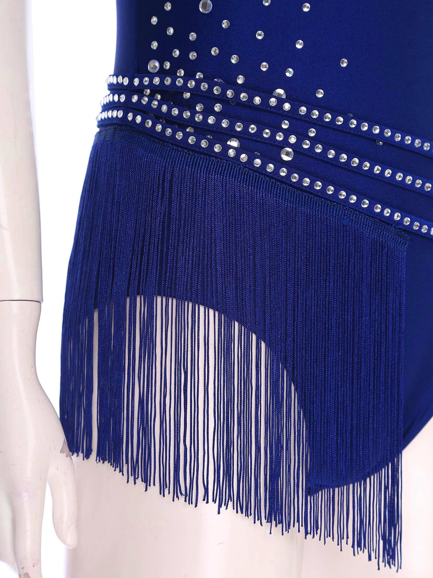 Women Rhythmic Gymnastics Figure Skating Leotards One Shoulder Glittery Rhinestone Tassel Fringe Bodysuit Latin Ballet Dancewear
