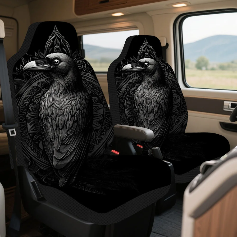 2pcs Horror Fantasy Raven Artistry Themed Car Seat Cover Set – Universal Fit For 2 Front Seats, Durable, High-Quality, Fashionab