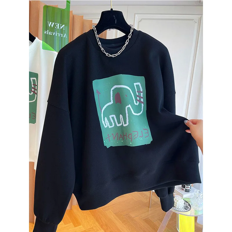 Korean O-neck Cartoon Pattern Sweatshirts Female Autumn Fashion Loose Top Tee Women Clothes New Casual Printing Long Sleeve Tops