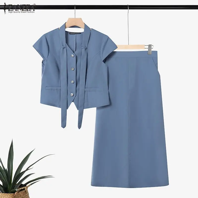 ZANZEA Women Dress Sets Summer Short Sleeve Buttons V-Neck Shirts Belted and Skirts Elegant Office Lady 2PCS 2026 Fashion Outfit