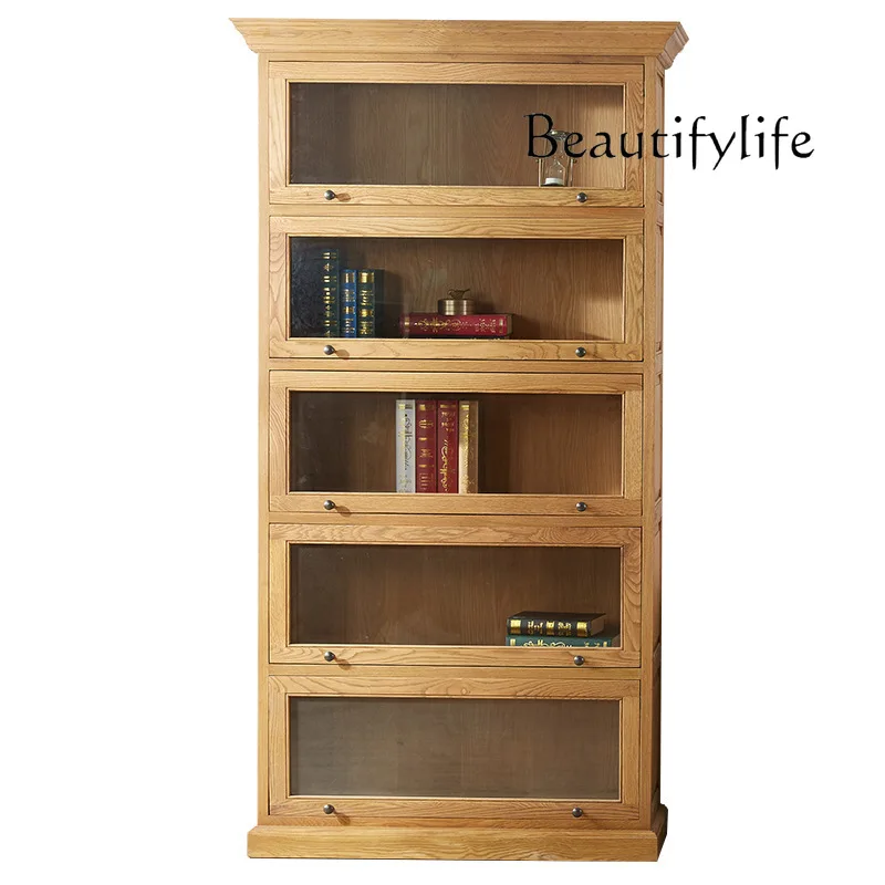 

Nordic Solid Wood Bookcase with Glass Door Log Oak Cherrywood Japanese Household Floor Narrow Cabinet