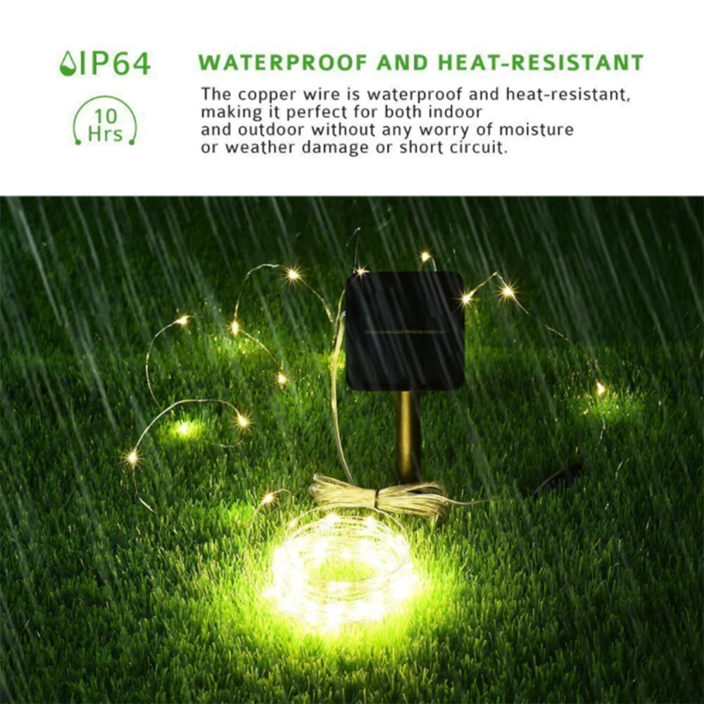 Solar LED 10m 100LEDS Automatic Sensor Switch 8 Functions Waterproof Grade IP65 Indoor and Outdoor Copper Wire String Lights