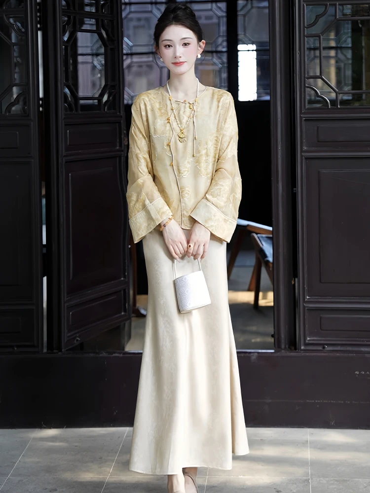 Damski dwuczęściowy zestaw w stylu retro: okrągły dekolt, wysoki stan spódnicy, jesienna moda koreańska, wygodny, oddychający, casual...