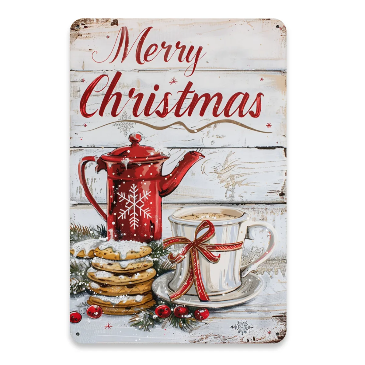 Vintage Merry Christmas Metal Signboard - es, Rustic Red Teapot & Design, Wall Decor for Home & Garage, Pre-Drilled Holes, Holid