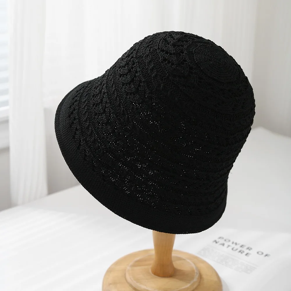 

Fashion Breathable Bucket Hat Knitted Wide Brim Fisherman Hat Solid Color Foldable Hollow Beach Cap Spring and Summer