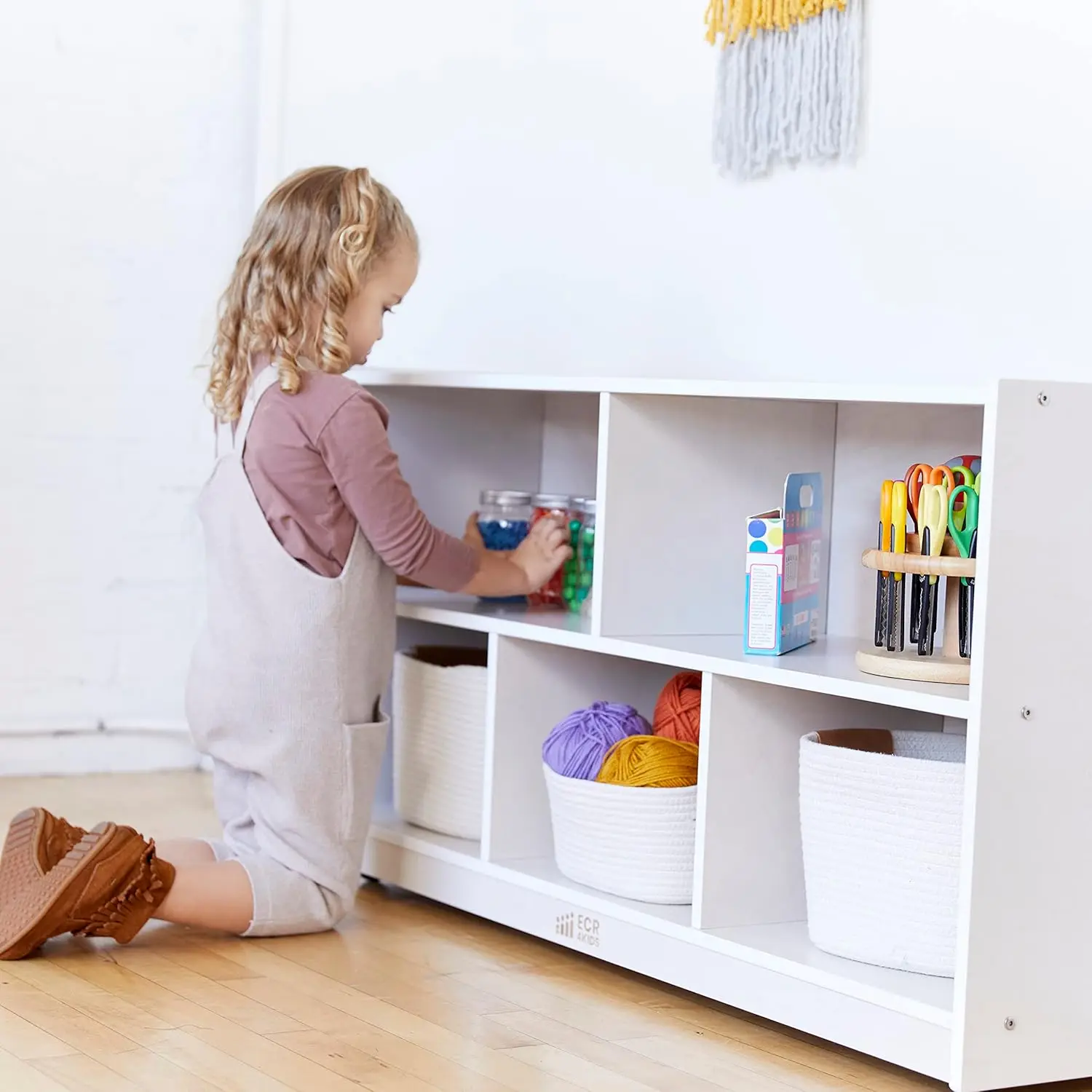 Compartment Mobile Storage Cabinet, 24in, Classroom Furniture, White Wash