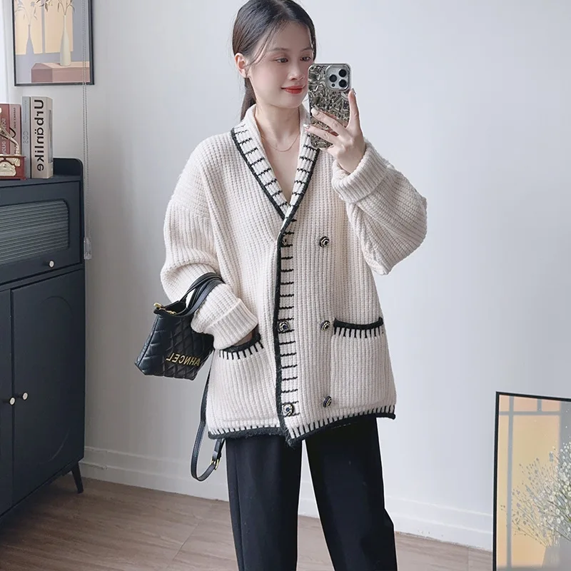 

Women Cardigan Sweaters Coats Jumpers Y2k Streetwear Elegant Splice Turn Down Collar Work Knit Open Stith Autumn Winter 2025