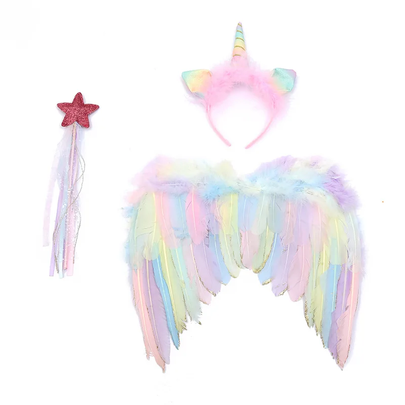 Unicorn Fairy Theme Party Decor Angel Feather Wings Unicorn Hair Hoop Fairy Stick Happy Little Girl Birthday Party Kids Gifts