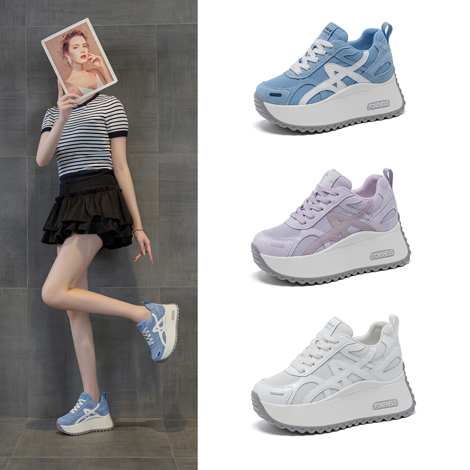 

Women Tennis Shoes Women's Casual Thick Bottom Slip-On Sneaker Heightening Leather Splicing Student Sports Shoes 2026