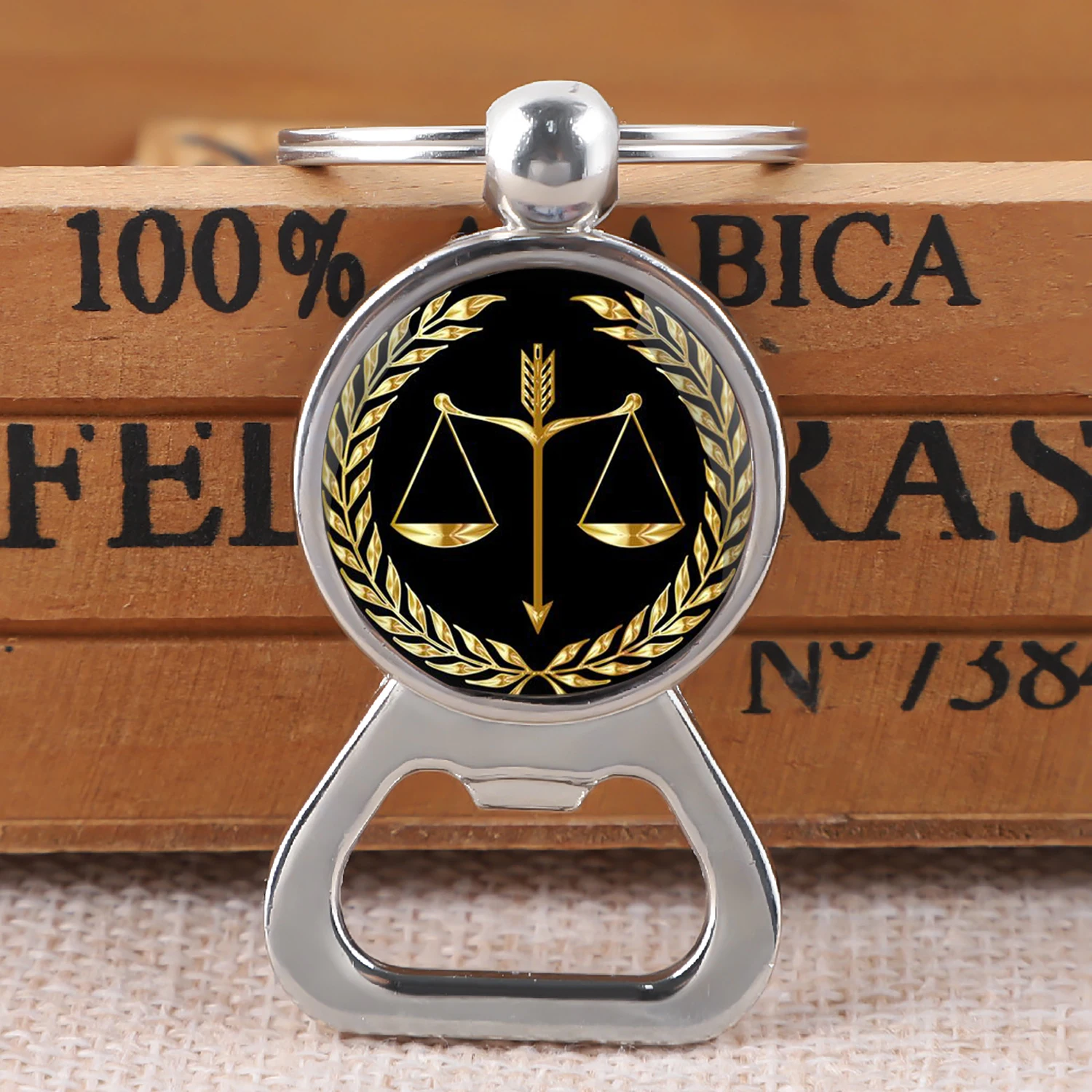 Lawyer Justice Scale Judge Bottle Opener Keychain Silver Plated Glass Cabochon Metal Key Chain Keyring Jewelry