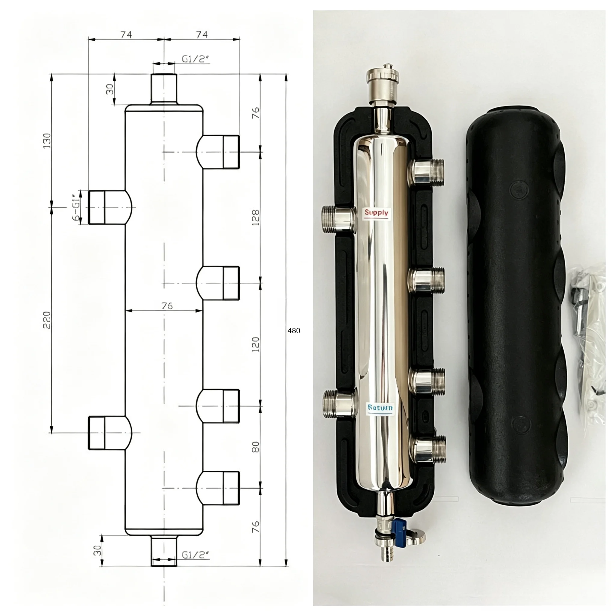 DN25 304Stainless Steel Hydronic Decoupler Tank – 2-In-4-Out Manifold Buffer Tank for Wall-Hung Boiler,Underfloor Heating System