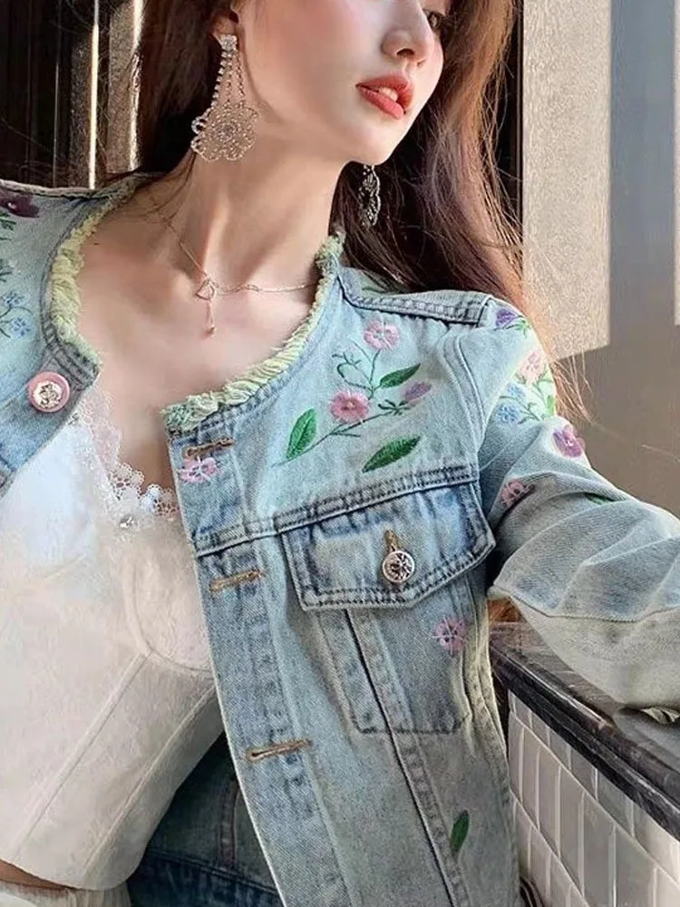 Embroidered Denim Jacket Women\'s Short Spring And Autumn Women Coat Jeans Jacket Womens Denim Jacket Outerwears