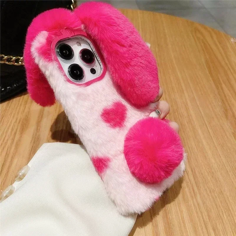 Furry Rabbit Bunny Fur Soft Plush Black Phone Case For Samsung A05S A15 A25 A35 A55 A14 A24 A34 A54 A13 A23 A33 A12 A22 A32 A52S