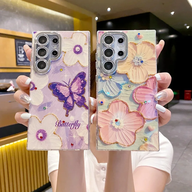 

Oil painting Fine hole Flower Butterfly For Samsung GalaxyS24Ultra Phone case protective case full cover luxury lens film