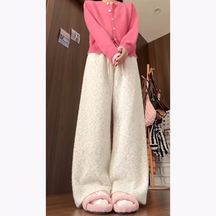 Pantalones de pierna recta de terciopelo de punto arcoíris de cintura alta coreanos Sle Otoño Invierno pantalones casuales adelgazantes para mujeres