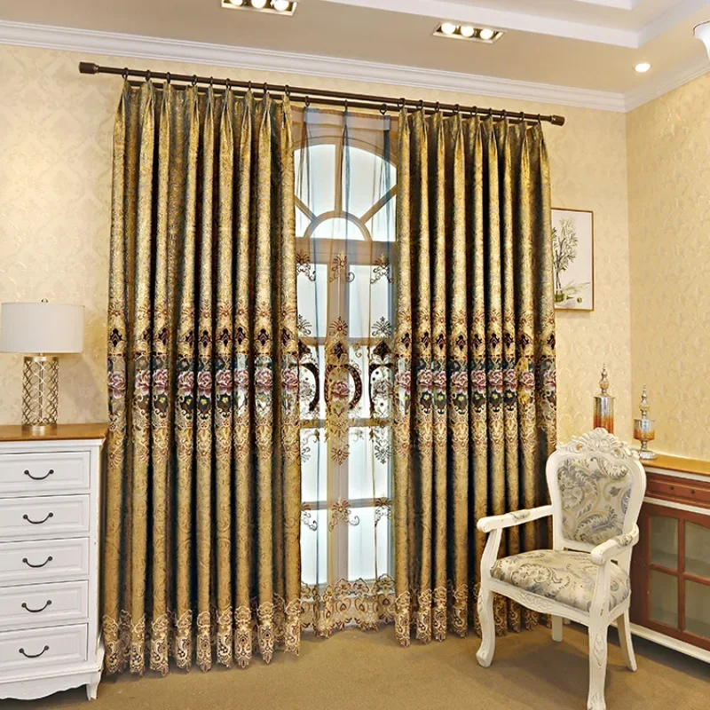 American Style Countryside Gold Hollowed Out Semi Shading Curtains Gold Skin Water-soluble Embroidered Curtains for Living Room