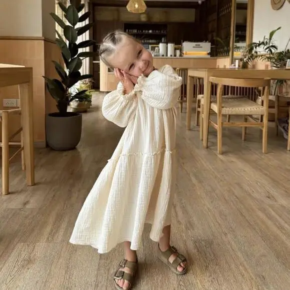 European and American Girls Spring and Autumn Lotus Leaf Lace Cotton and Linen Casual Princess Bubble Sleeve Dress