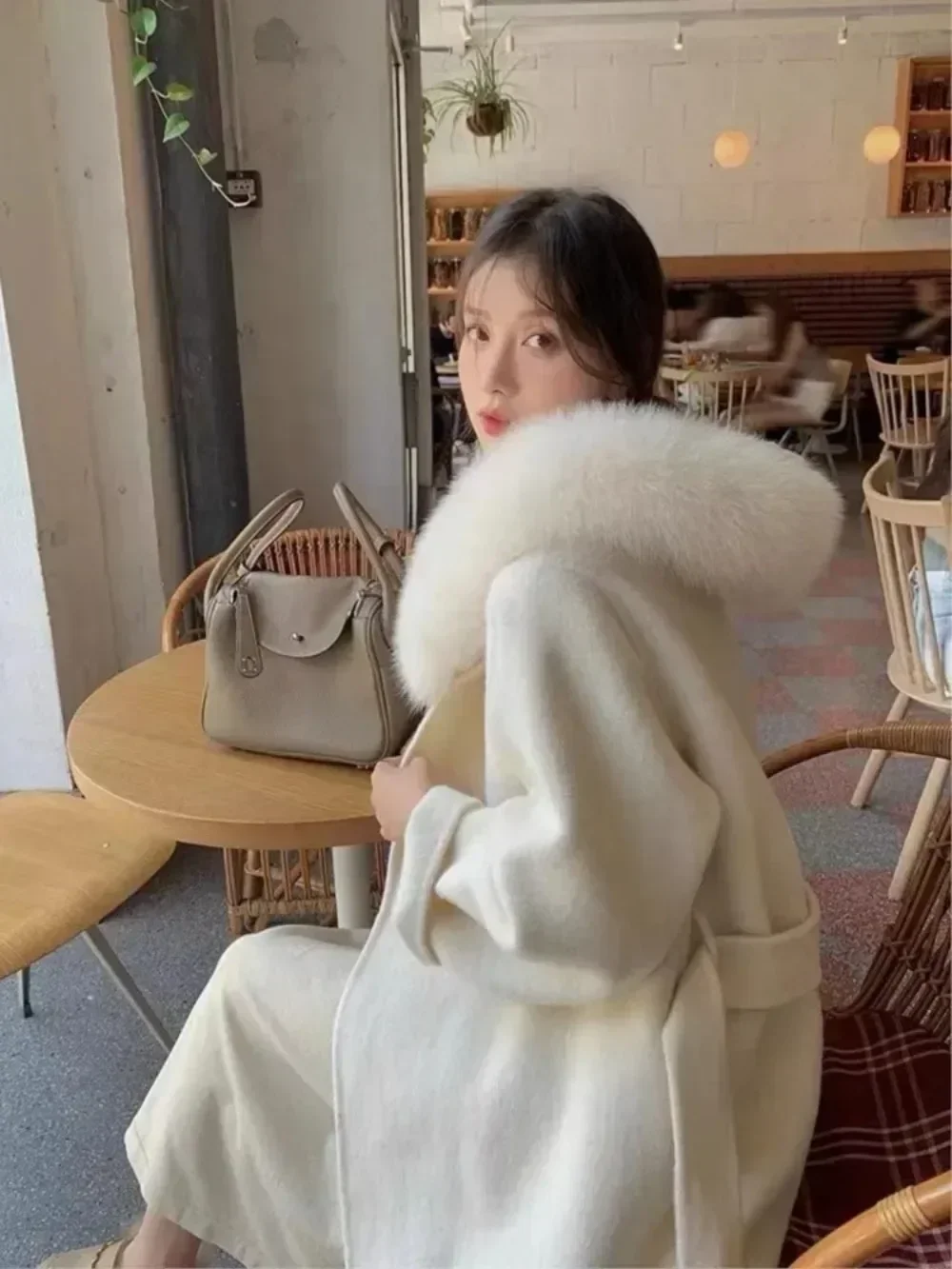 2024 New Design Hooded Fur Wool Natural Fox Fur Coats Outerwear Jackets with Belt Women\'s Overcoat Soft Woolen Coats Female
