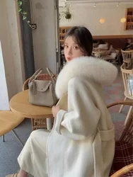 2024 New Design Hooded Fur Wool Natural Fox Fur Coats Outerwear Jackets with Belt Women's Overcoat Soft Woolen Coats Female