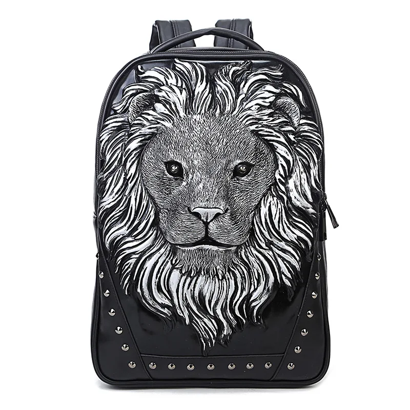 Fashion Men Women 3D Lionhead Leather Laptop Backpacks Thick Leather School Bags For Unisex Travel Rucksack Sac Mochila Feminina