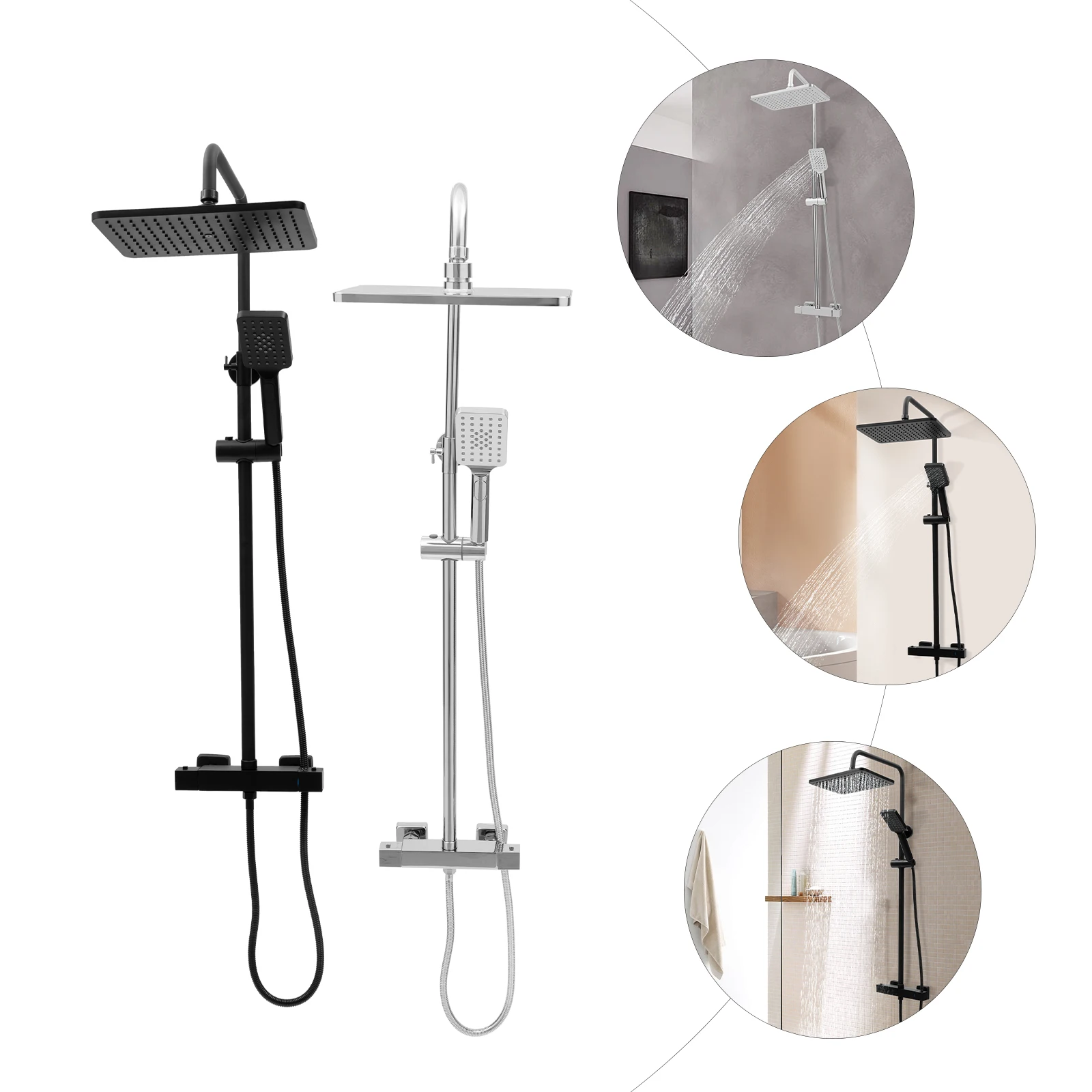 Square Thermostatic Shower Faucet with Shower Set, Bathroom Luxury Rain Shower Faucet Combo Set, Wall Mounted Rainfall Shower He