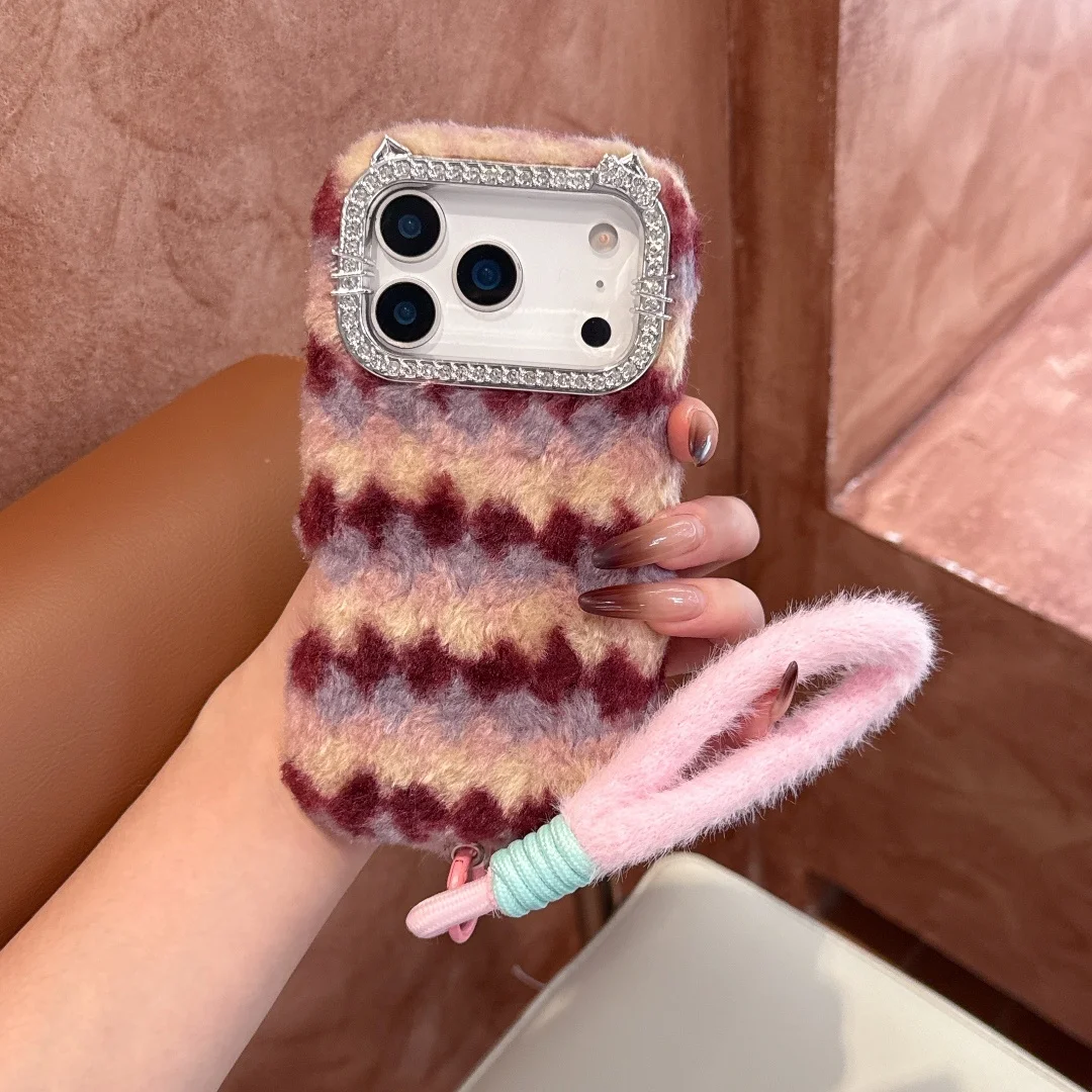 

3D Diamond Cat Ears Camera Protection Phone Case For iPhone17 16 15 14 13 Pro Max Winter plush color blocking stripes Soft Cover
