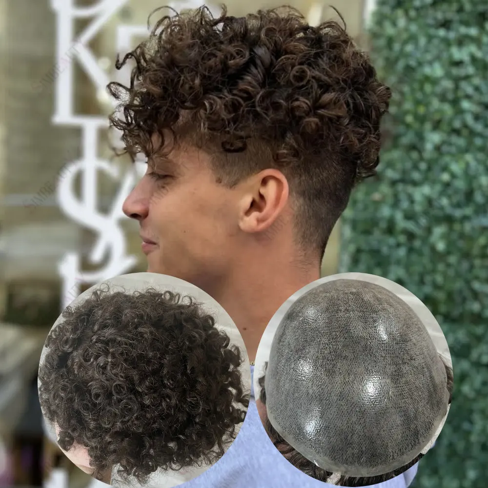 

Undetectable Thin Skin Full PU Base Men's Toupee 18mm Curly Human Hair Grey Black Brown Prosthesis Natural Hairline for Baldness