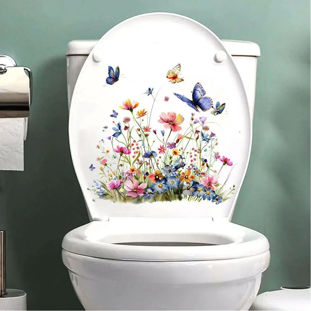 

Flower Wall Stickers Self-adhesive Butterfly Toilet Sticker Floral Leaf Decor Art DIY Decals Wallpaper For Refrigerator Bathroom