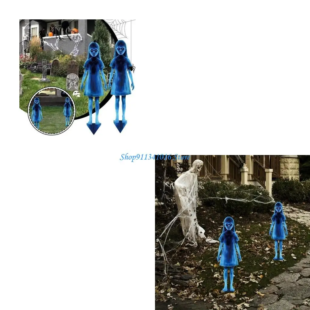  40cm Height Scratch Resistant Halloween Twin Girl Stake Iron Statue Decoration For Outdoor Courtyards Party Displays