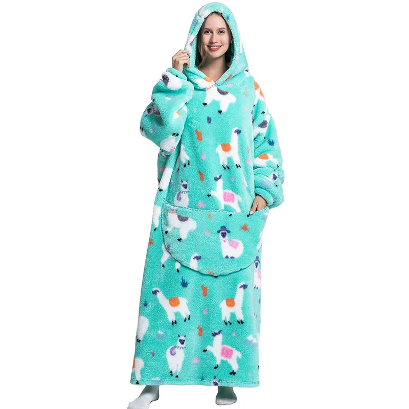 Long Winter Women Robe Unisex Flannel Fleece Hooded Blanket with Big Pockets Warm Adult Homewear Family Mactching Set Sleepwear