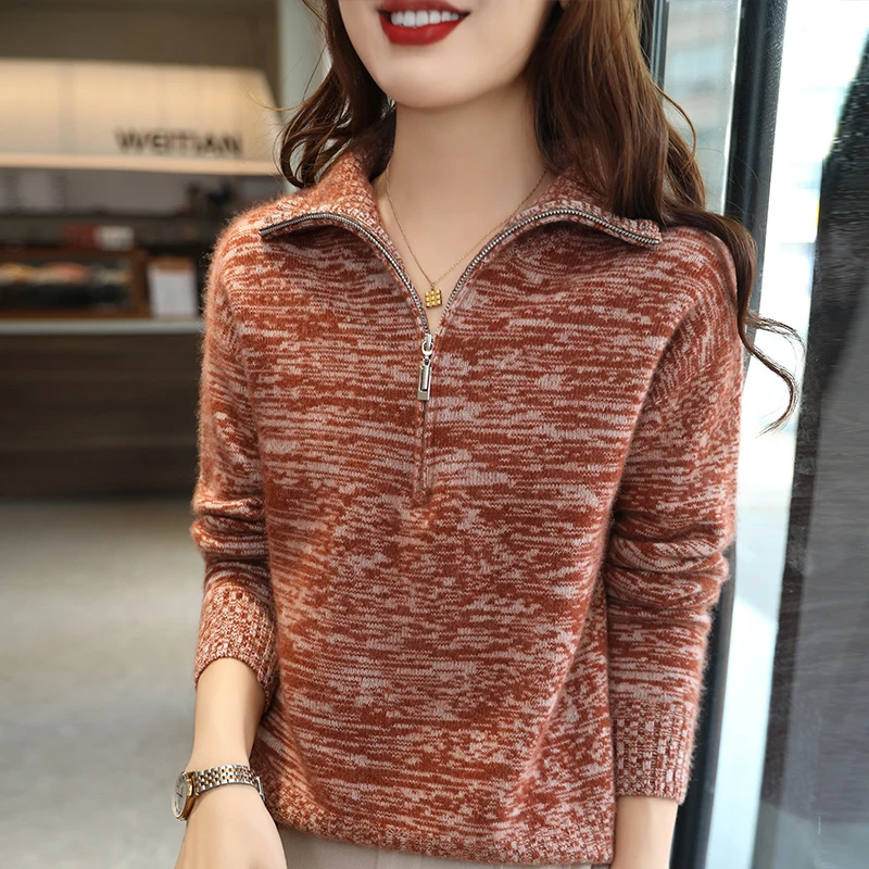 2024 Female 100% Wool Zipper POLO-collar Thickening Women Sweater Knitted Winter Dot yarn Fashion Vintage Tops