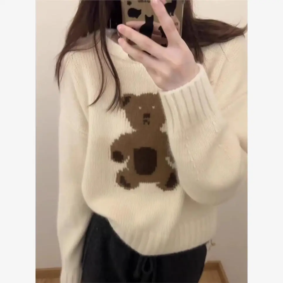 

Корейский женский вязаный свитер с круглым вырезом и длинными рукавами, с мультяшным медведем, повседневный, теплый, модный, осенне-зимний