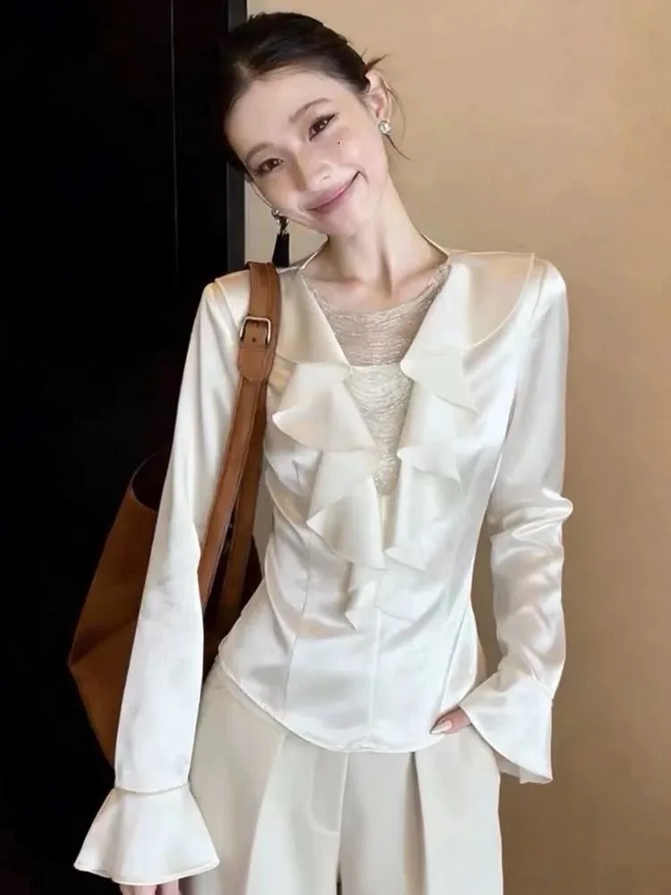 

Ele Satin irt Women's Spring 2026 New V-ne Long Sve Slimming Beautiful Top Korean Sle Commute Faion