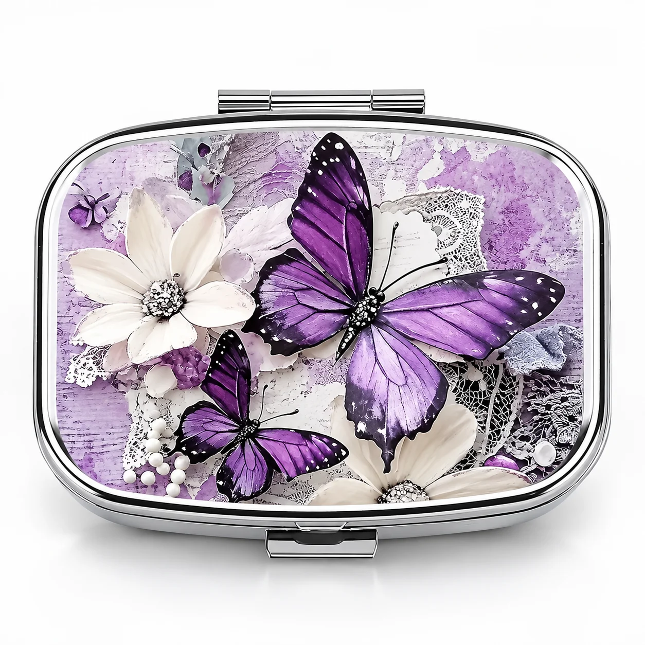 Purple Butterfly Pill Box Double Compartment Portable Medicine Case Pocket Size Travel Organizer Tablet Storage Gift Women Men