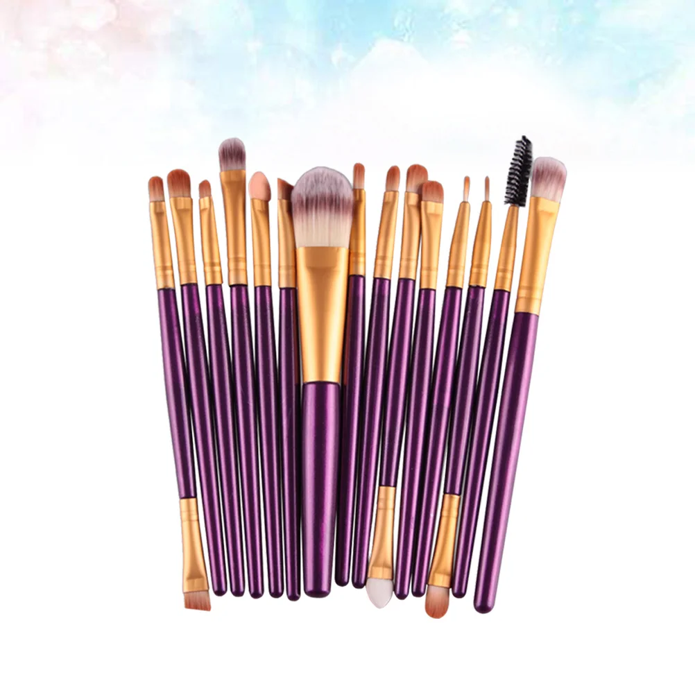 Set di pennelli per trucco professionale da 15 pezzi Setole in nylon morbido Manico in plastica Aspetto naturale per trucco per donna Viola dorato