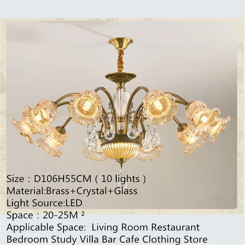 American Retro Brass Chandelier Led European Luxury Crystal Living Room Dining Room Bedroom Study Villa Hotel Pendent Lamp