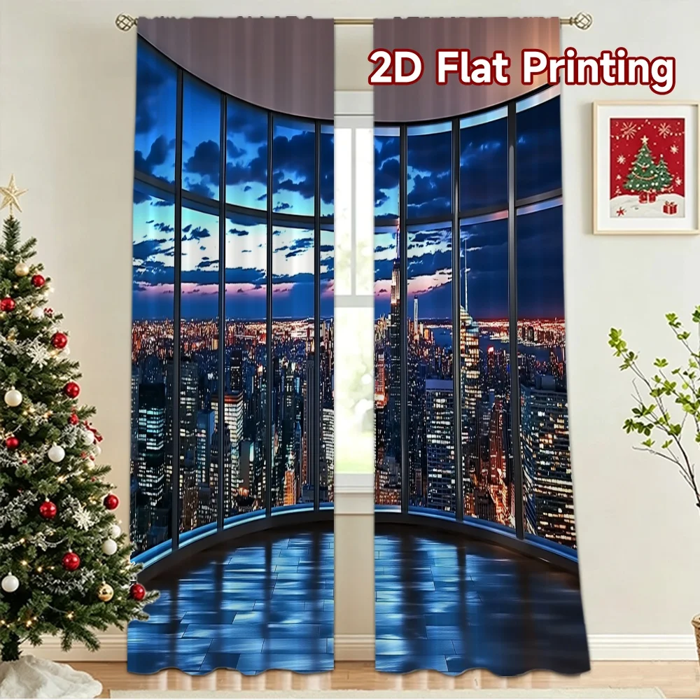 2D flat 2pcs Curtain French Romantic Style Twilight City Skyline View Digitally printed polyester, colorfast Party & Holiday