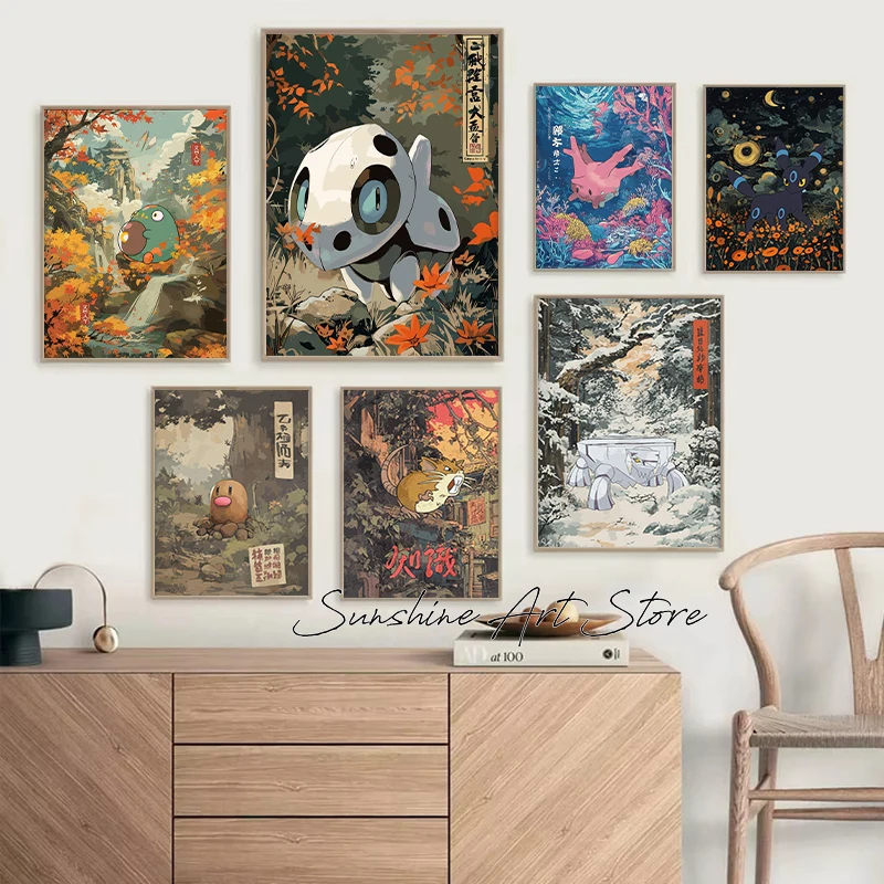 Japanese Ukiyo-e Scenery Painting Style Modern Animals Cute Wildlife Poster Canvas Painting Wall Pictures Home Kids Room Decor