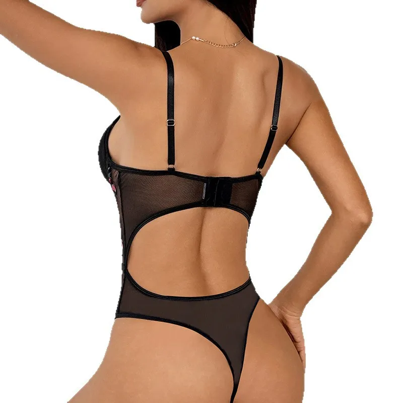 Sexy Lace See-tough Embroidered Print Hollow out Inner Wear Strap Bodysuit Low Waist Long Pants Polyester Fiber Thin Model