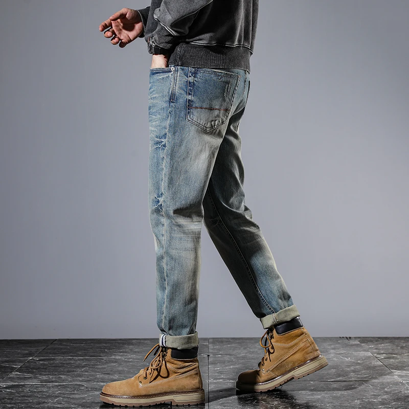 Jeans slim élastiques lourds pour hommes, pantalons à petits pieds, rétro américain, explosifs, haut de gamme, grattés, neufs, des centaines