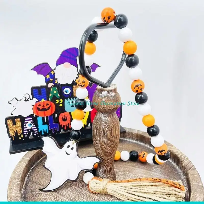 H7BF Halloween Bead Garland with Tassels Farmhouse Beads Rustic Beads