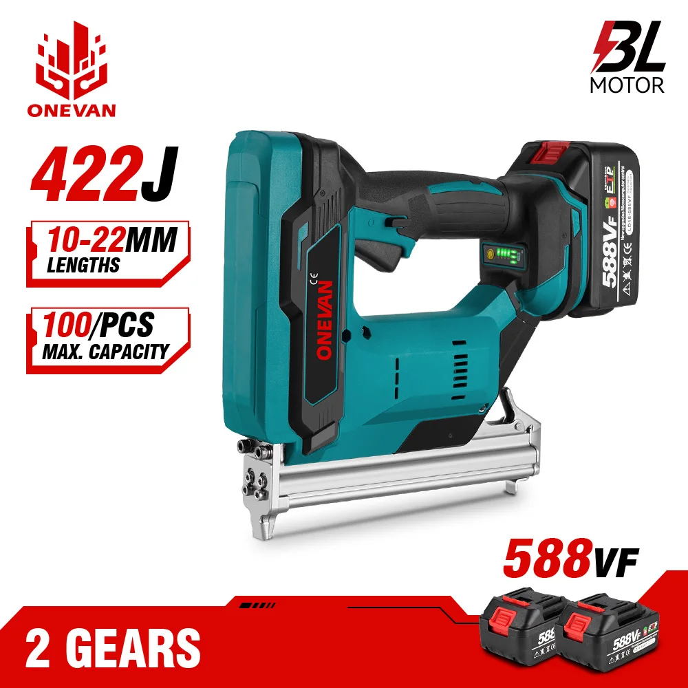 ONEVAN 422J Brushless Electric Nailer Stapler Cordless Furniture Staple Gun Home Woodworking Power Tools For Makita 18v Battery