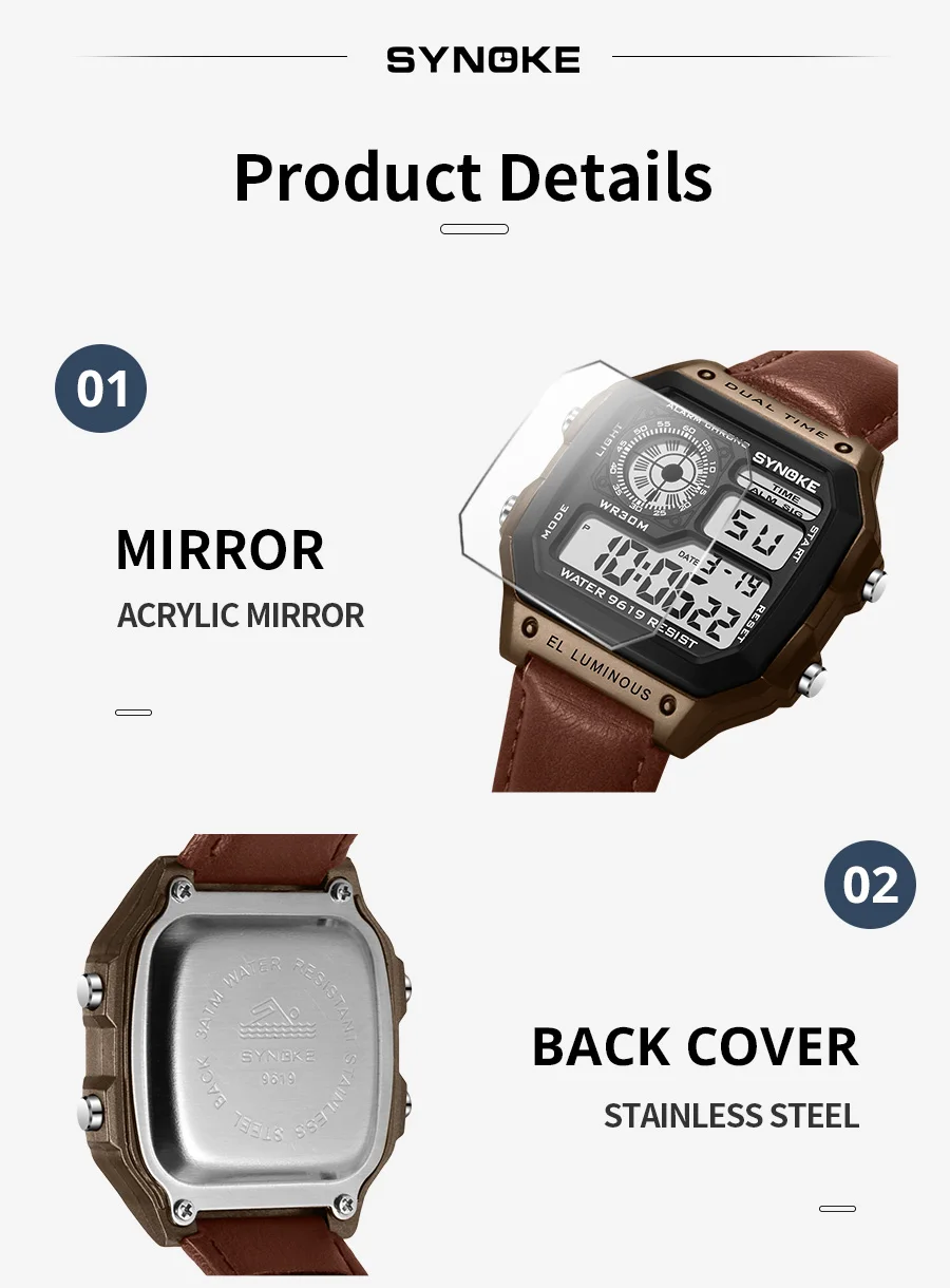 SYNOKE Gürtel Uhr Männer Outdoor Sport Multifunktionale Wasserdichte Leucht LED Digital Uhr PU Leder Für Männer Retro Mode – Detail 11