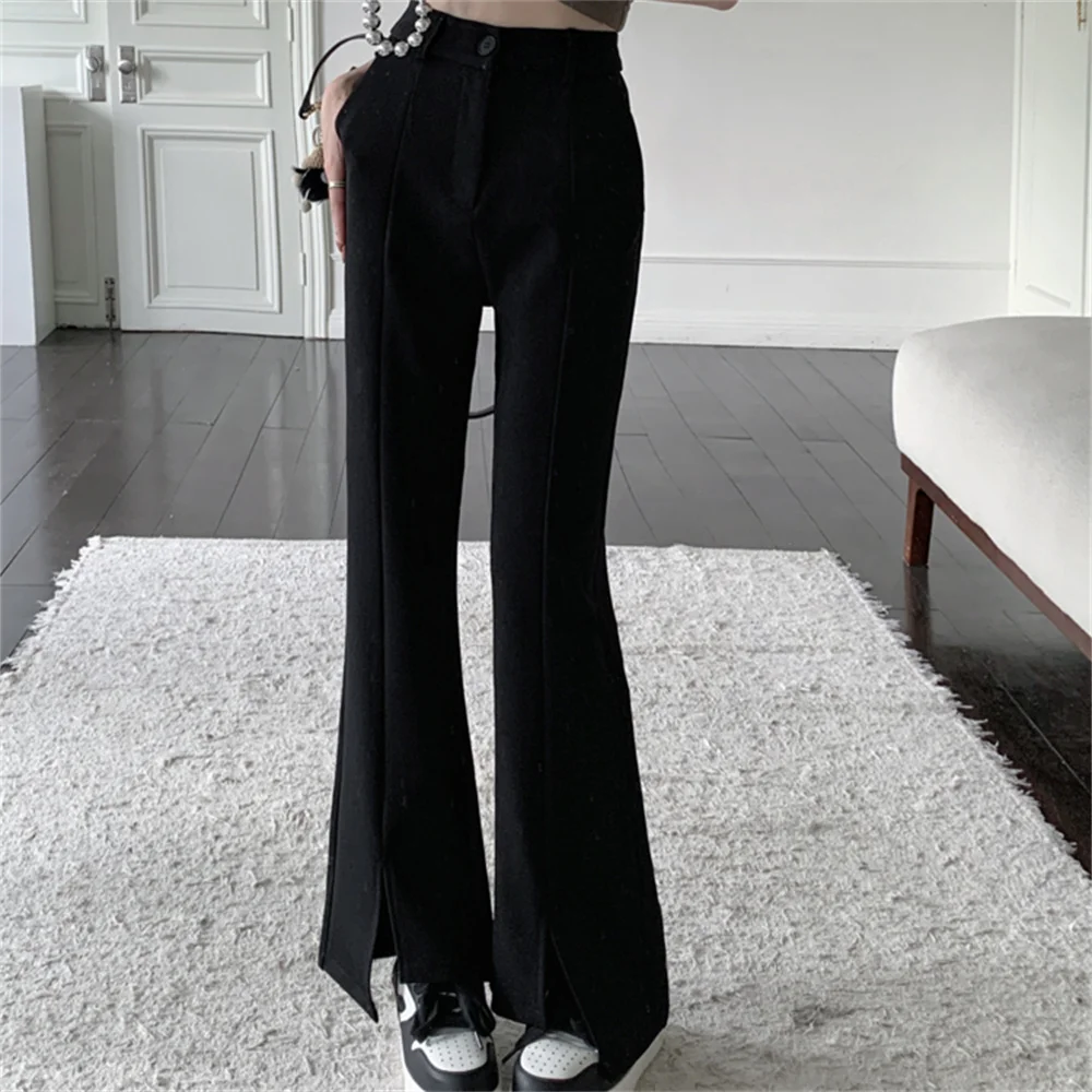 

PLAMTEE 2023 New Arrival Split Pants Women Chic Solid Irregular Slim-Fit Work Wear Mujer High Waist Casual Daily Flare Trousers