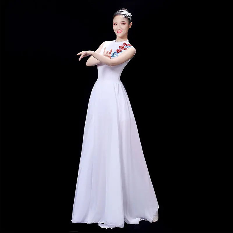 Opening Dance Dress White Big Skirt Performance Costume Chinese Style Dancing Dress Red Swing Skirt Dance Competition Costume