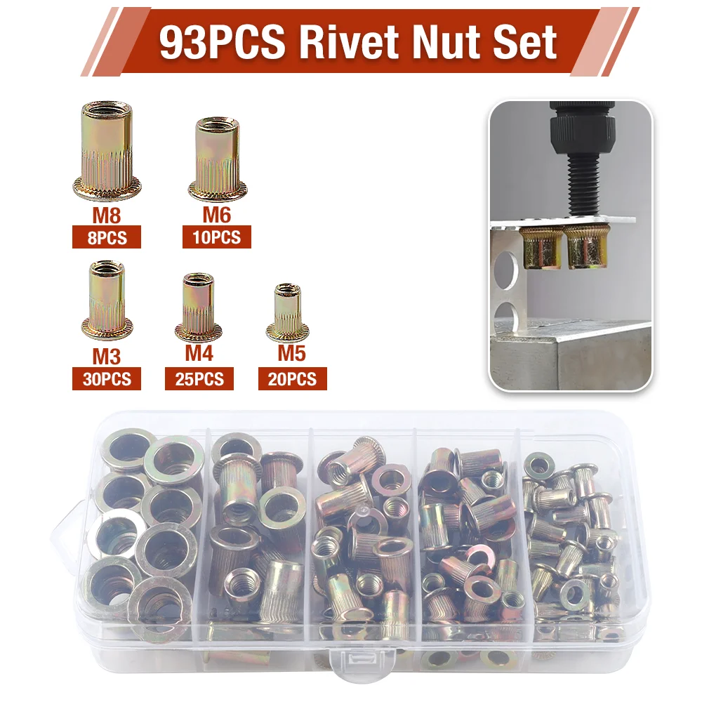 

93Pcs M3 M4 M5 M6 M8 Flat Head Rivet Nut Set, Made Of Carbon Steel, Cap-Shaped Thread Insert, Must Be Used With Rivet Nut Gun