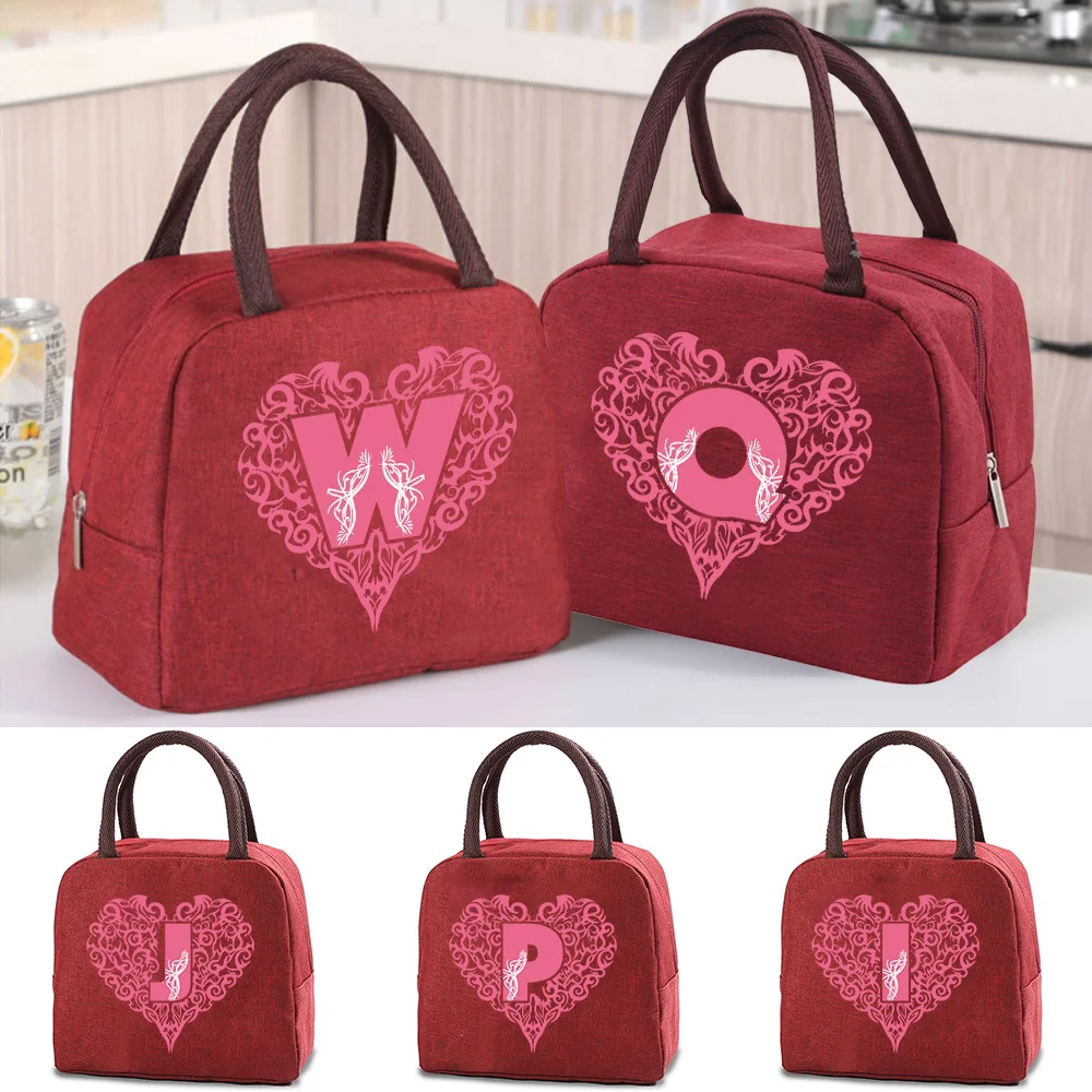 

Lunch Box Thermal Bag Red Color Pocket Cute Sweet Trendy Tote Food Storage Bag Convenient Kids Love Letter Printing Series